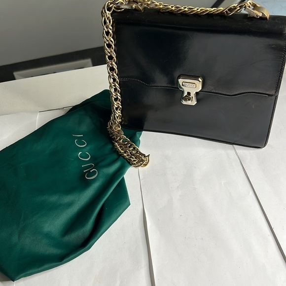 Gucci 1970’s Structured Black Leather Handbag on 18” Chain - Picture 5 of 16